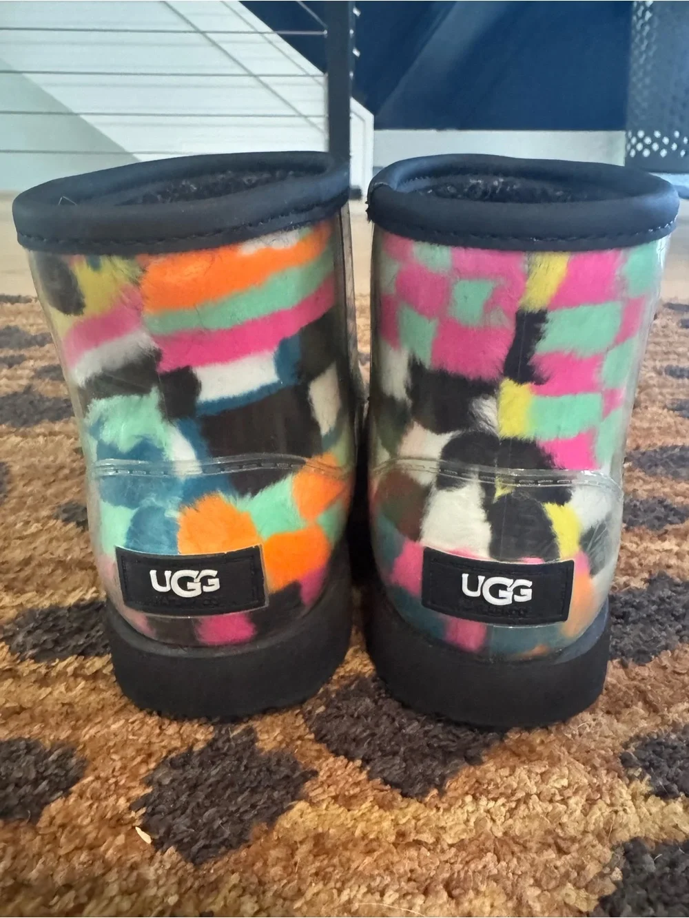 UGG Kids Multicolor Checkerboard Faux-Fur Boots - Pink Orange Green Yellow Black